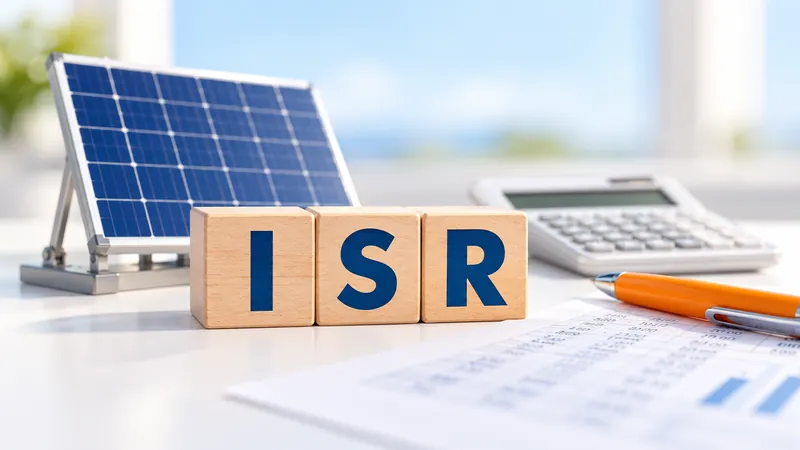 Cubos de madera con las letras ISR junto a un panel solar pequeño, una calculadora y una pluma