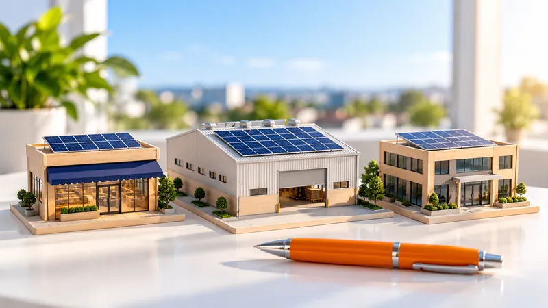Maquetas de un local comercial, una nave industrial y un edificio de oficinas con paneles solares en el techo