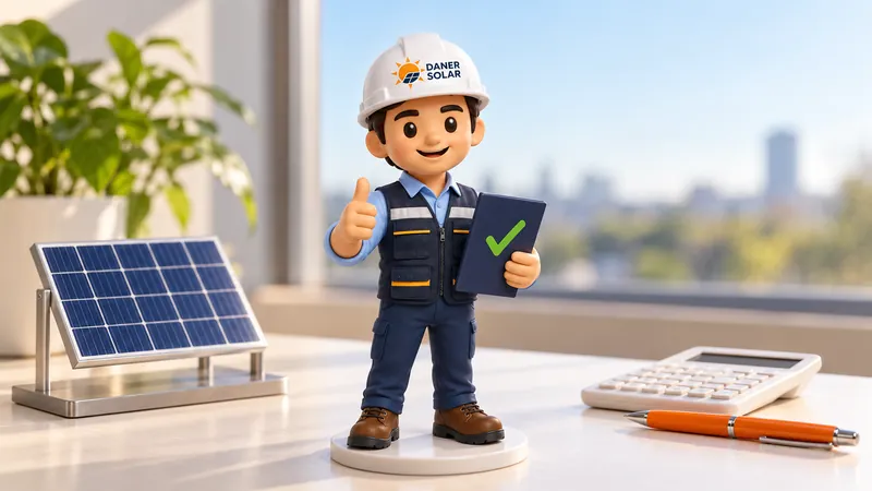 Figura del ingeniero de Daner Solar con una carpeta aprobada, junto a un panel solar pequeño, una calculadora y una pluma