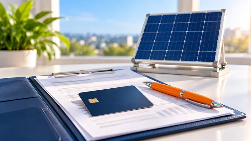 Carpeta con documentos, tarjeta bancaria y pluma junto a un panel solar pequeño
