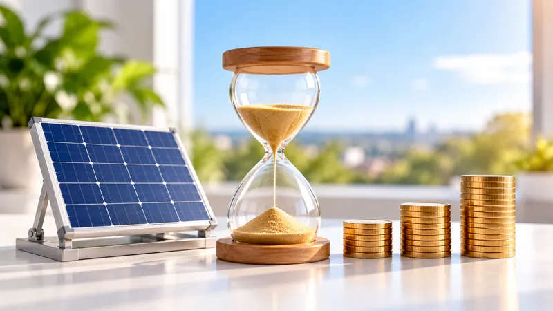 Reloj de arena junto a un panel solar pequeño y tres pilas de monedas que crecen