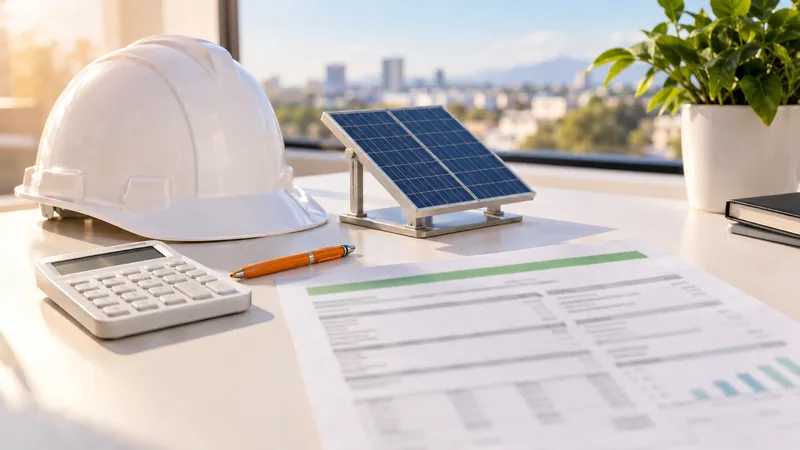 Recibo de luz de una empresa sobre un escritorio, junto a una calculadora, una pluma, un casco blanco y un panel solar pequeño