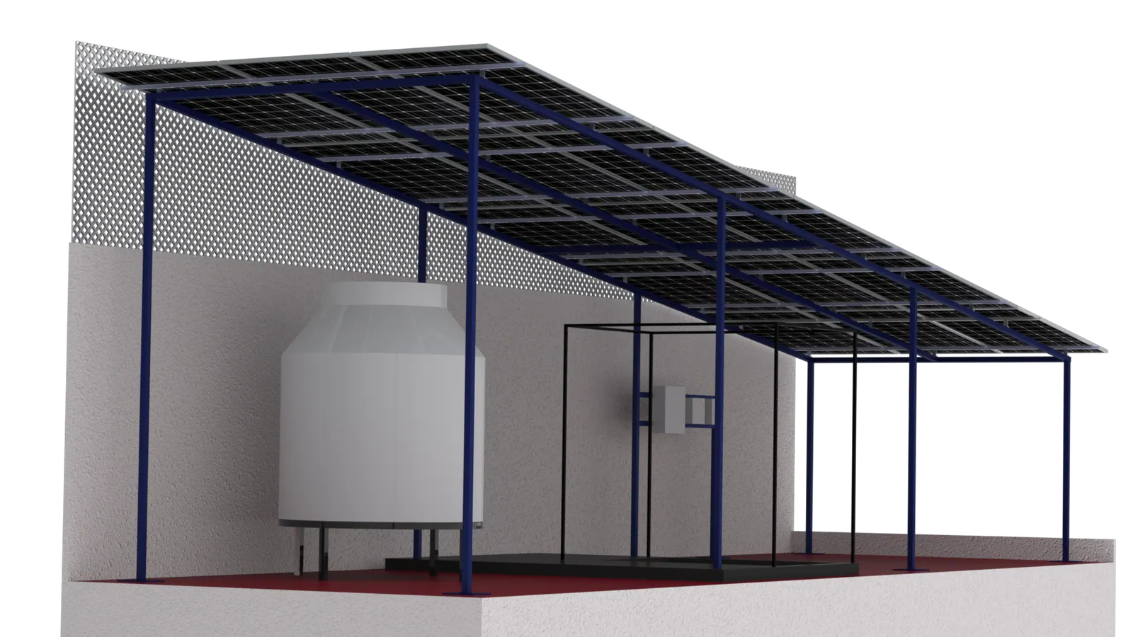 Render 3D de la estructura elevada de acero para 16 módulos