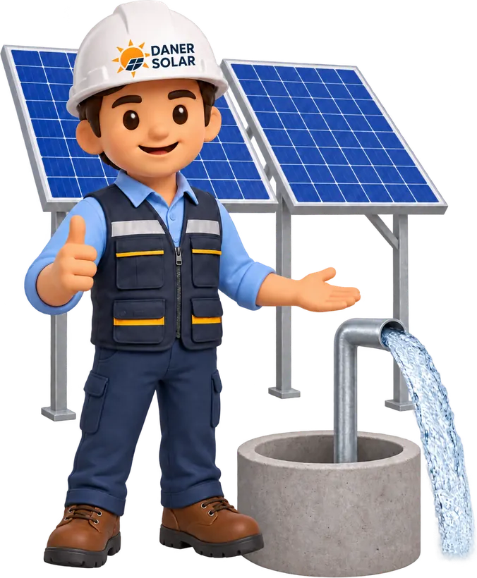 Técnico de Daner Solar junto a un pozo con agua saliendo y paneles solares detrás