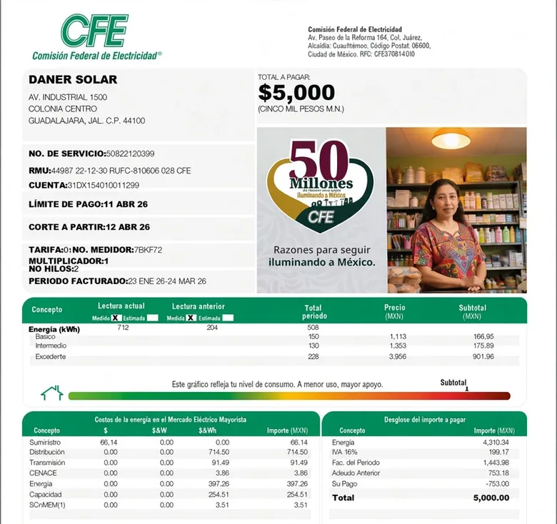 Recibo de CFE sin paneles solares, con un total de 5,000 pesos (ilustrativo)