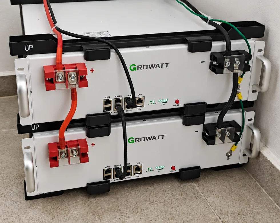 Dos baterías de litio Growatt de 5 kWh instaladas para un sistema solar aislado