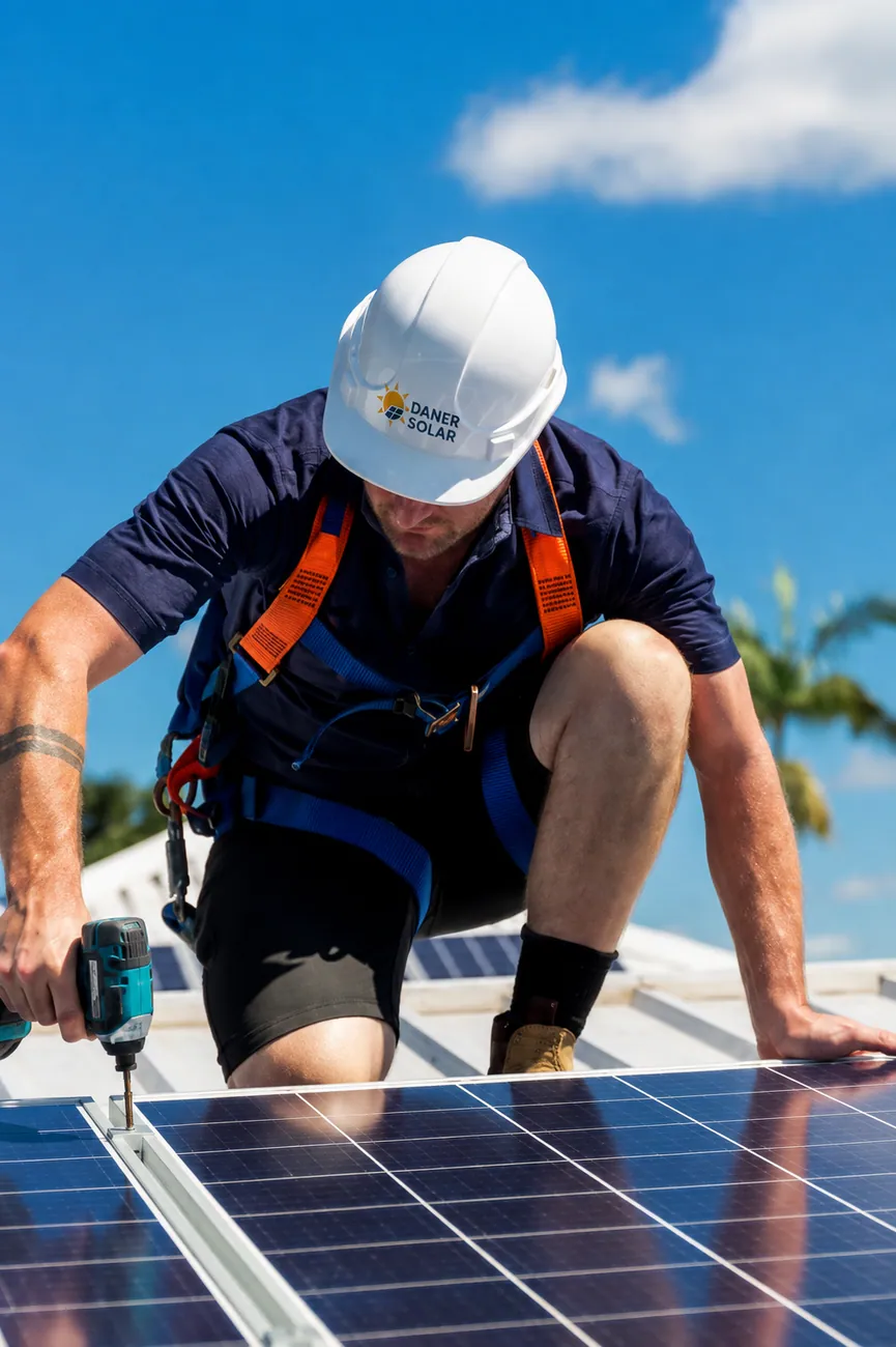 Ingeniero de Daner Solar instalando paneles solares con casco de la marca